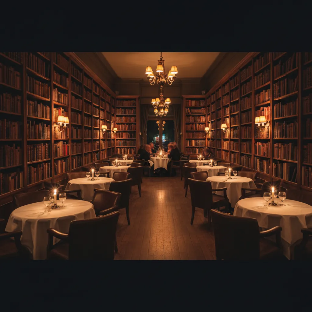 Sfeervolle interieur van Grandcafé In den Boekenkast — boekenkasten, kaarslicht, intieme tafels