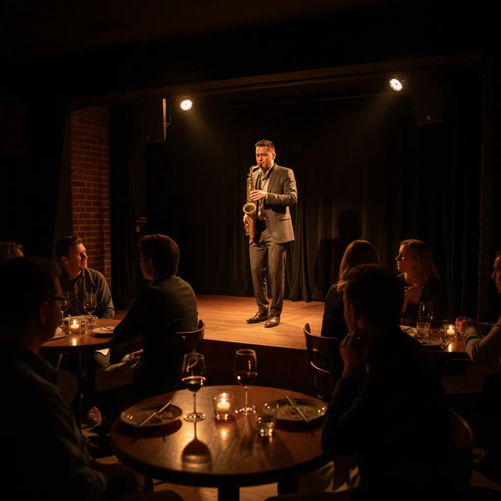 Live jazz-muzikant optredend in het grand café